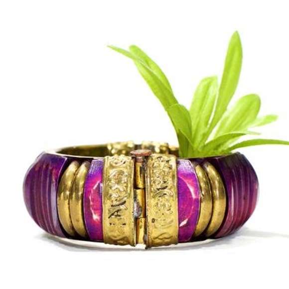 VTG 70's Large Bone and Brass Hinged Bangle - Picture 2 of 6